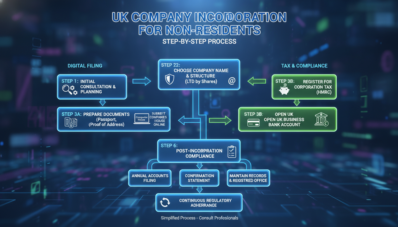 A detailed 3D infographic showing the step-by-step process of UK company incorporation for non-residents, including digital filing, tax registration, and compliance milestones.