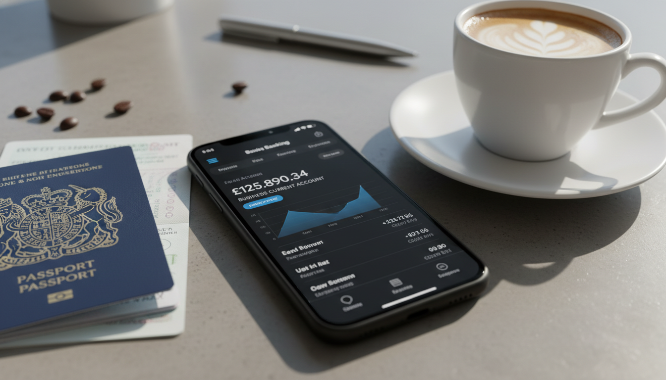 A close-up shot of a modern smartphone displaying a sleek business banking mobile application next to a UK passport and a cup of coffee.