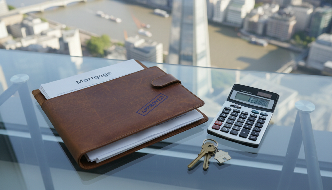 A professional high-angle shot of a leather-bound folder containing mortgage documents, a calculator, and a set of keys, placed on a glass table with a blurred background of the London Shard and the River Thames.