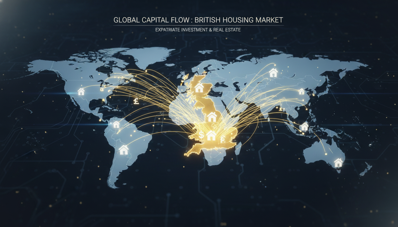 A digital graphic showing a world map with interconnected lines flowing toward the United Kingdom, symbolizing global capital and expatriate investment into the British housing market.