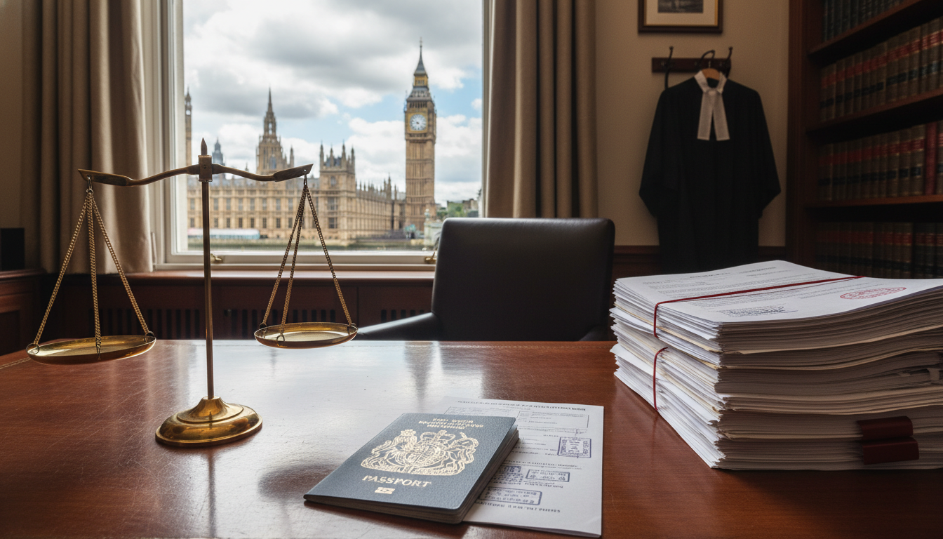A professional legal setting in a London law office, showing a mahogany desk with a British passport, legal scales of justice, and a stack of official immigration documents with the Palace of Westminster visible through the window.