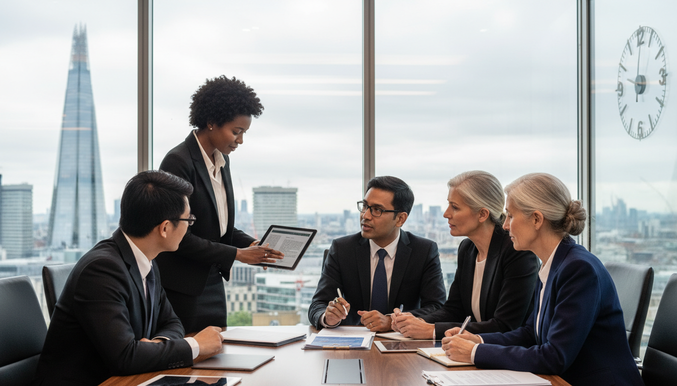 A diverse group of professional legal consultants in a modern, glass-walled conference room in London, reviewing digital documents on a tablet and discussing strategy.
