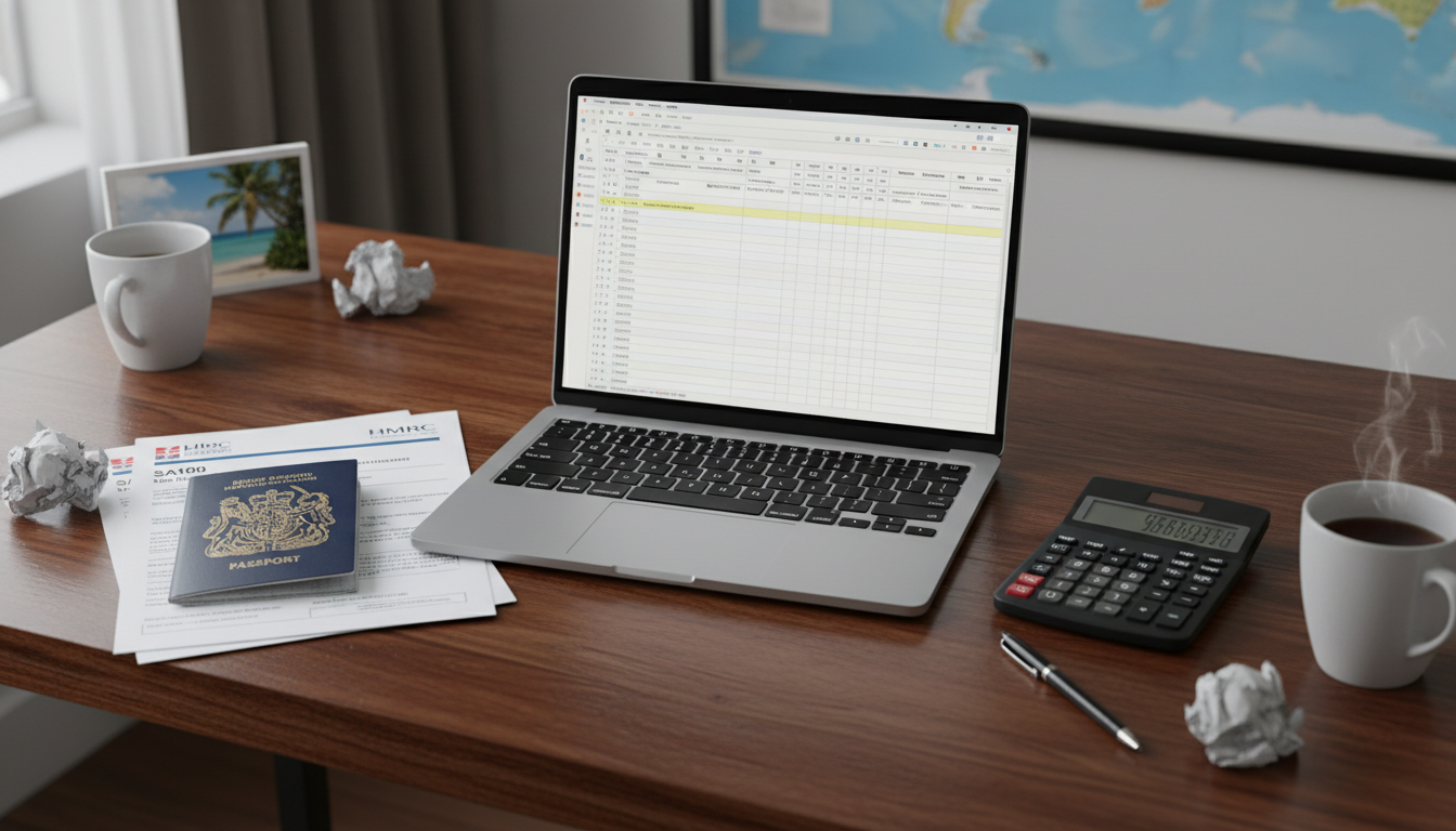 A high-quality photograph of a wooden desk featuring a modern laptop, a British passport, a calculator, and various HMRC tax forms, symbolizing the preparation of a UK Self-Assessment for an expatriate.