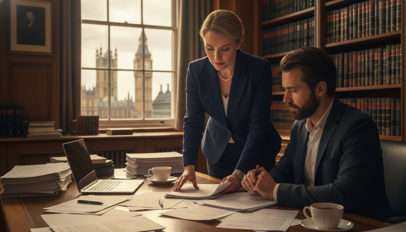A professional office setting in London featuring a tax consultant and an expat client reviewing complex legal documents and financial spreadsheets with Big Ben visible through the window in a blurred background, cinematic lighting, academic atmosphere.