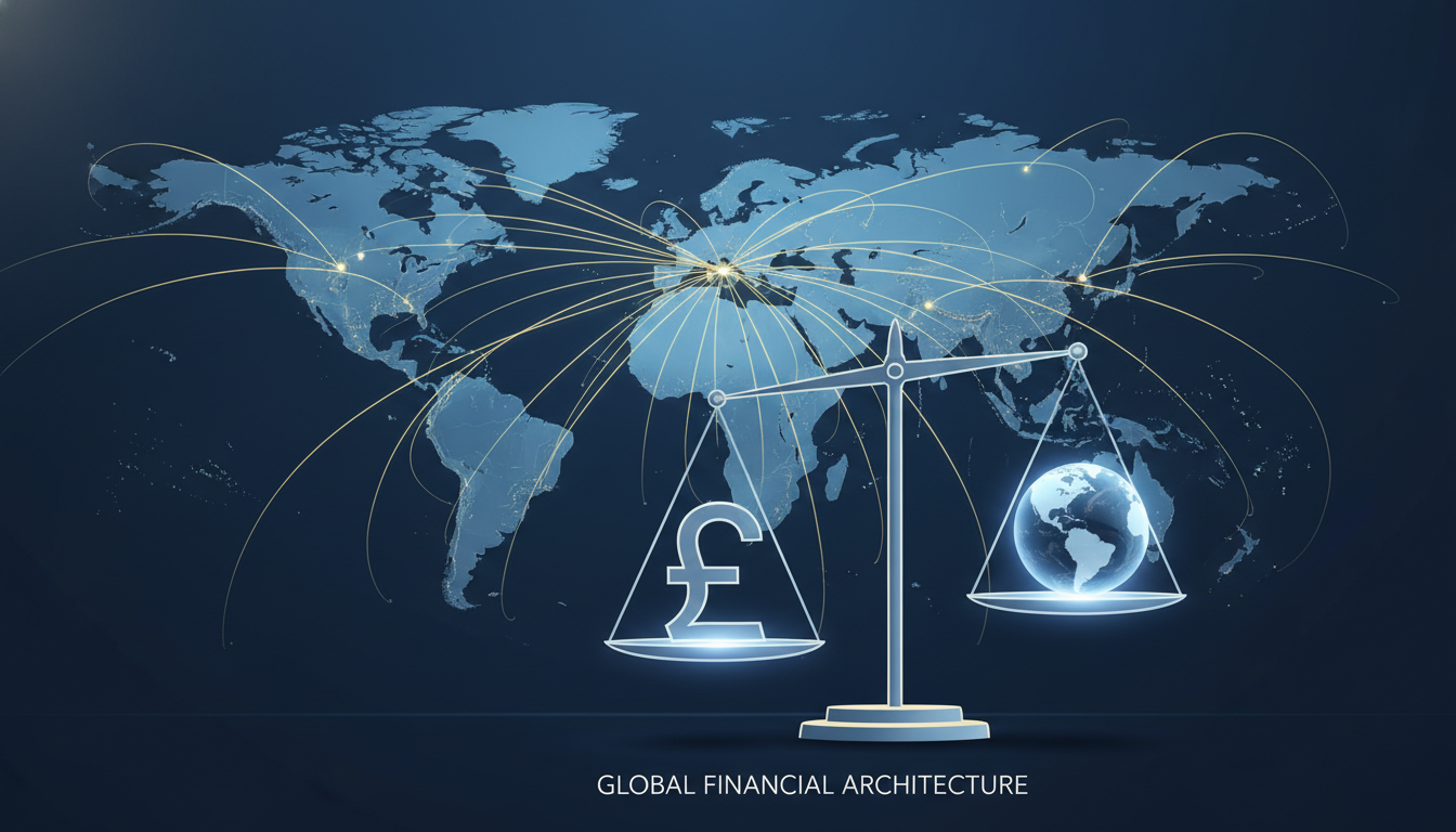 A conceptual illustration of a global map with glowing interconnected lines representing international tax treaties and financial flow, with a set of scales balancing a British pound sign and a globe, minimalist and professional aesthetic.