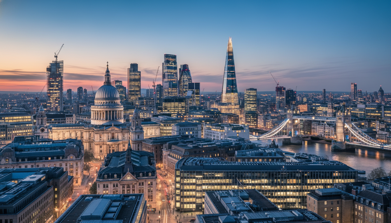 A professional wide-angle shot of the City of London financial district during twilight, focusing on the architectural fusion of historical and modern skyscrapers, symbolizing the UK's robust business landscape.