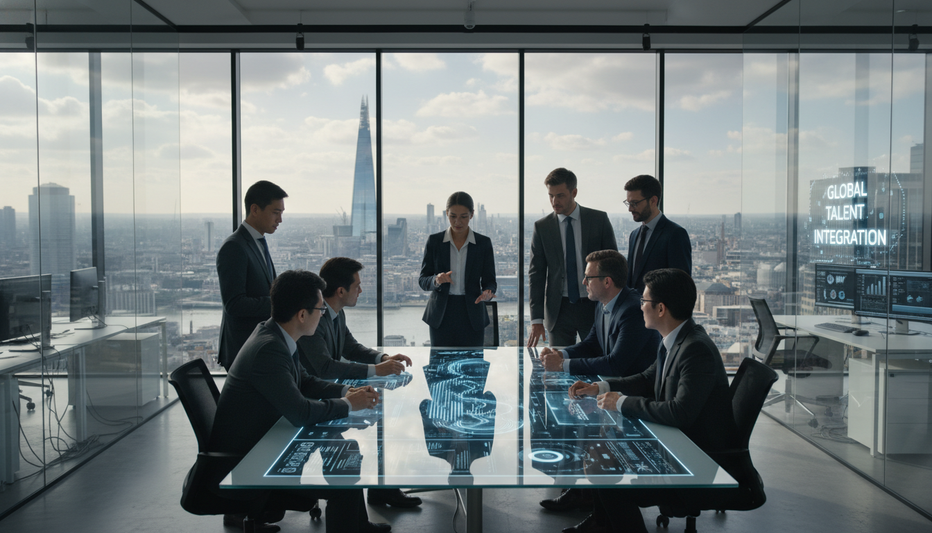 A diverse team of corporate professionals in a high-tech London office space, engaged in a collaborative session with glass walls showing the urban landscape in the background, representing global talent integration.