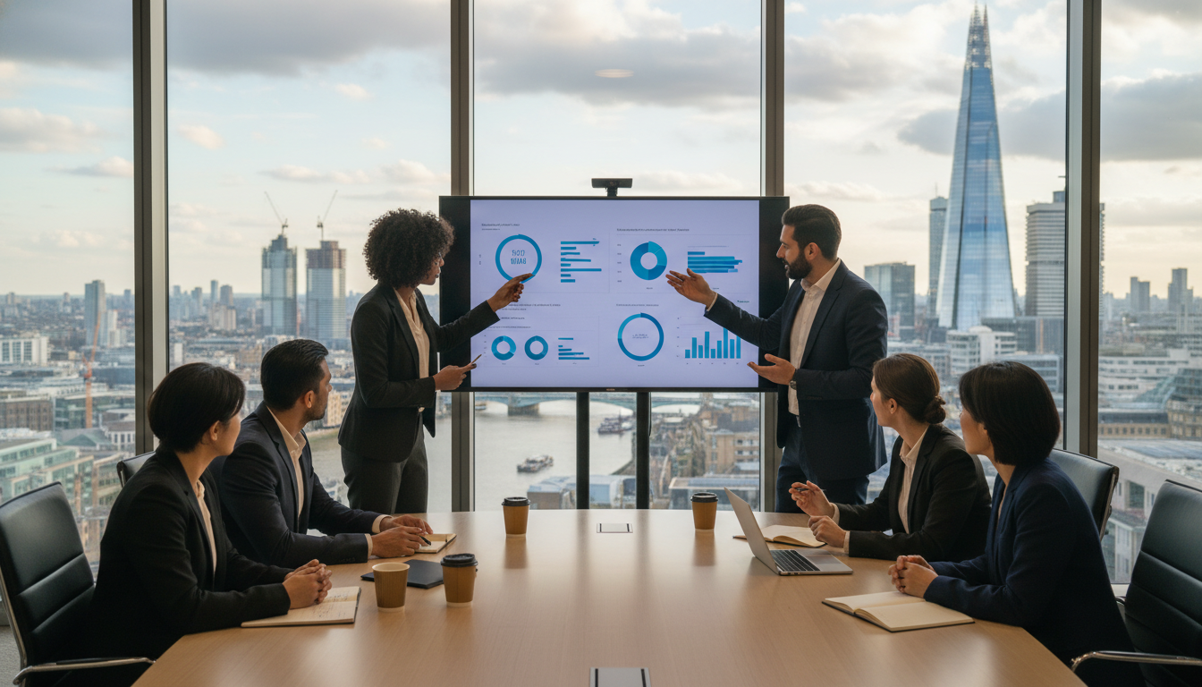 A professional setting in a modern London boardroom, showing a diverse group of international entrepreneurs of various ethnicities discussing business strategy with the Shard and the city skyline visible through a large glass window in the background.