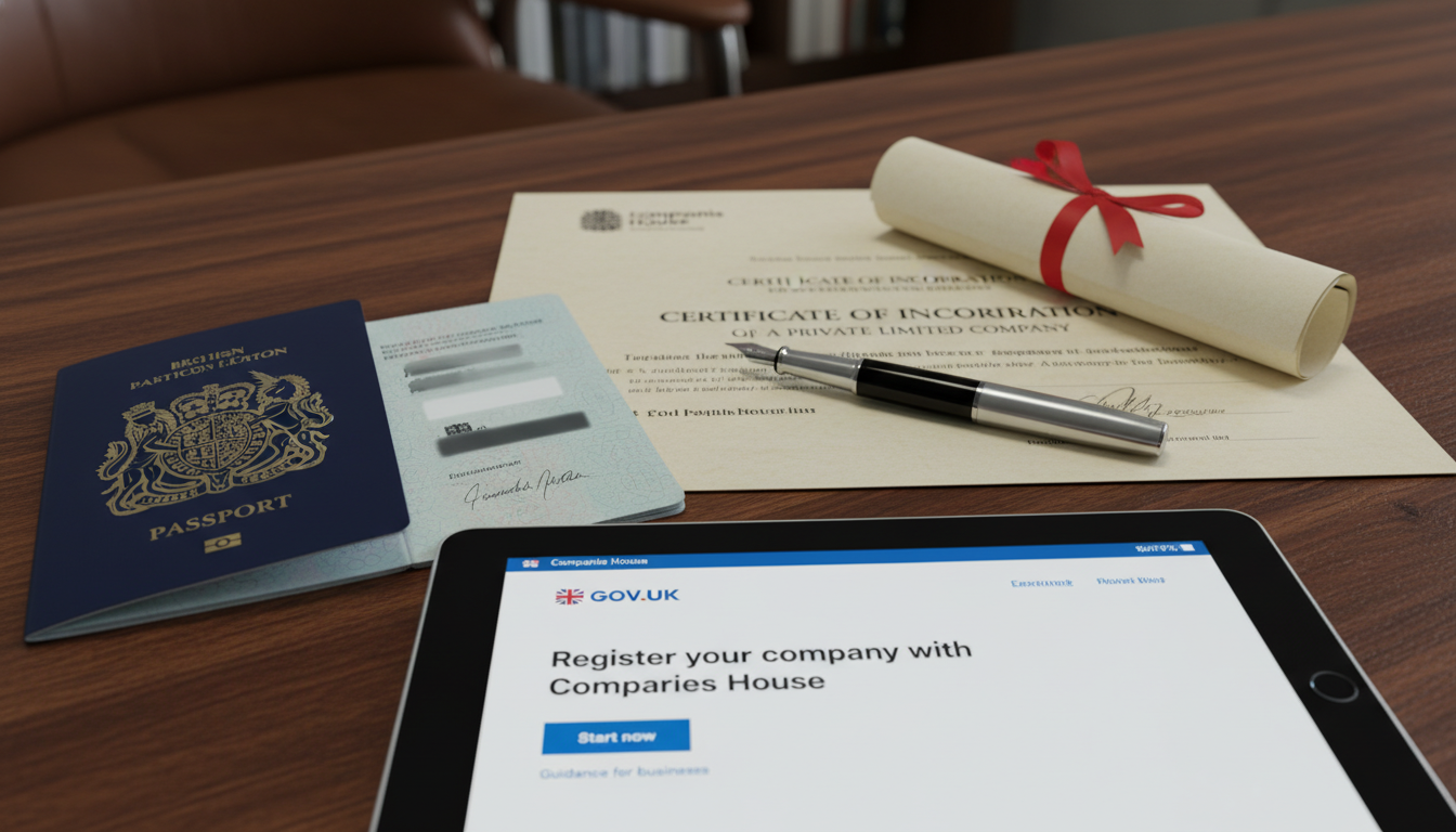 A close-up, high-quality photograph of a wooden desk featuring a British passport, a legal certificate of incorporation from Companies House, a fountain pen, and a tablet displaying a professional UK government website for business registration.