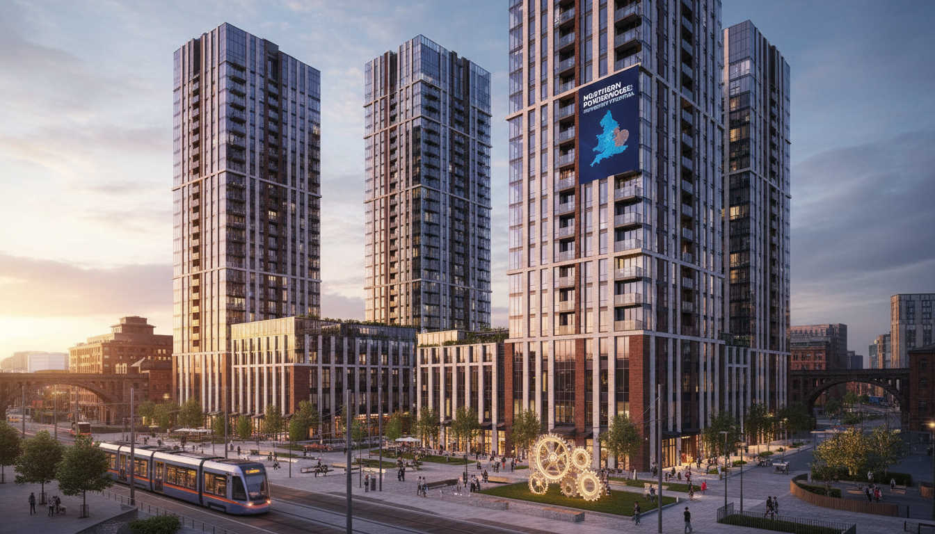 A wide-angle architectural shot of a modern residential development in Manchester's Greengate district, reflecting the urbanization and investment potential in the UK's Northern Powerhouse, sharp focus, cinematic lighting.